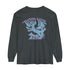 Back print long sleeve streetwear tee with a vintage aesthetic, perfect for festivals and skaters.